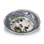 Bowl with handle across mouth with flower-and-bird design, enamelled ware