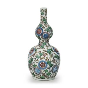 Gourd-shaped wine bottle with scroll and roundel design, enamelled ware