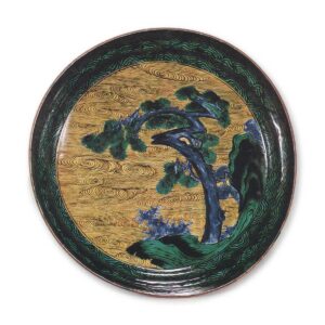 Large dish with pine-tree and wave design, enamelled ware