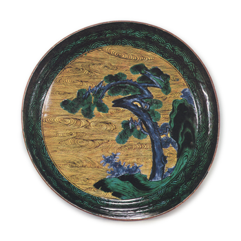 Large dish with pine-tree and wave design, enamelled ware