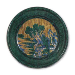 Large dish with design of landscape with houses, enamelled ware