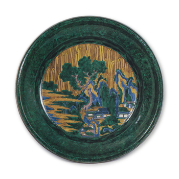 Large dish with design of landscape with houses, enamelled ware