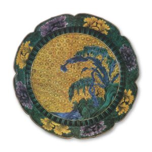 Large eight-lobed dish with design of banana and willow trees, enamelled ware