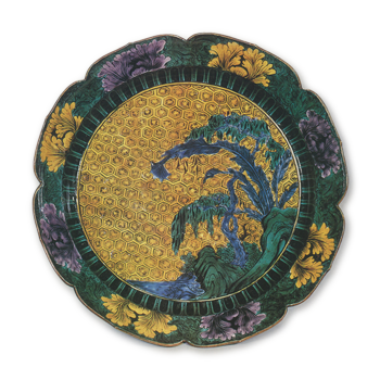 Large eight-lobed dish with design of banana and willow trees, enamelled ware