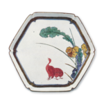 Hexagonal dish wtih quail design, enamelled ware