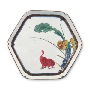 Hexagonal dish wtih quail design, enamelled ware