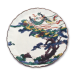 Dish in the shape of open flower with design of heavenly being, enamelled ware