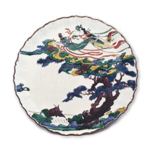 Dish in the shape of open flower with design of heavenly being, enamelled ware