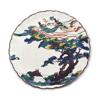 Dish in the shape of open flower with design of heavenly being, enamelled ware