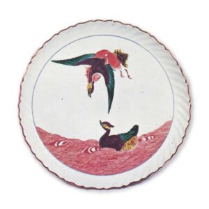 Dish in the shape of open flower with mandarin duck design, enamelled ware