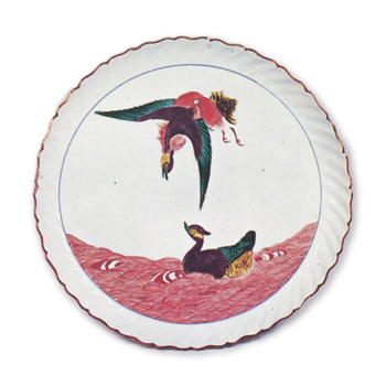 Dish in the shape of open flower with mandarin duck design, enamelled ware