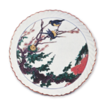 Dish in the shape of open flower with design of two birds in tree, enamelled ware