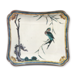 Set of small rectangular dishes with design of swallow on willow spray, enamelled ware