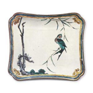 Set of small rectangular dishes with design of swallow on willow spray, enamelled ware