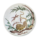 Large dish with design of tiger in the bamboo grove, enamelled ware