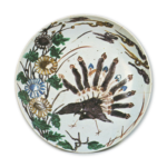 Large dish with chrysanthemum and peacock design, enamelled ware