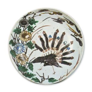 Large dish with chrysanthemum and peacock design, enamelled ware