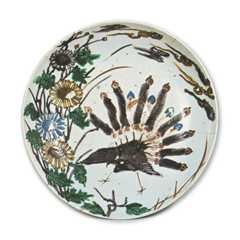 Large dish with chrysanthemum and peacock design, enamelled ware
