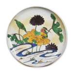 Large dish with design of kingfisher in lotus pond, enamelled ware