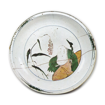 Large dish with design of Hotei (Pu-tai, Chinese priest), enamelled ware