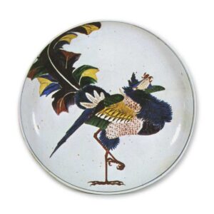 Large dish wtih phoenix design, enamelled ware