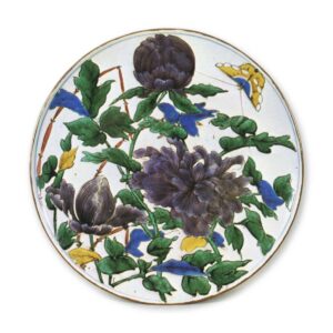 Large dish with peony and butterfly design, enamelled ware