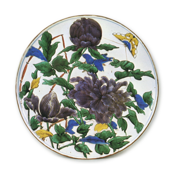 Large dish with peony and butterfly design, enamelled ware