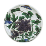 Large dish with design of peonies and butterfly on spiral patterns, enamelled ware