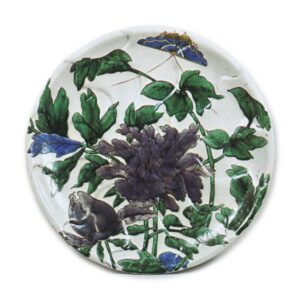 Large dish with design of peonies and butterfly on spiral patterns, enamelled ware