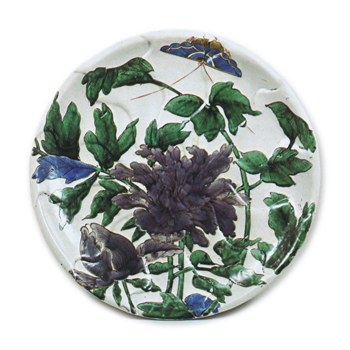 Large dish with design of peonies and butterfly on spiral patterns, enamelled ware