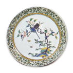 Large dish with design of two birds in peach-tree, enamelled ware