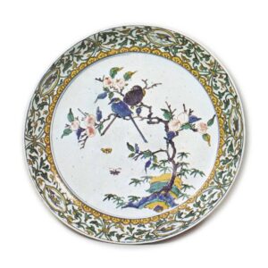 Large dish with design of two birds in peach-tree, enamelled ware