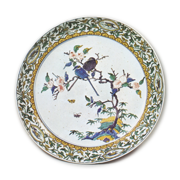 Large dish with design of two birds in peach-tree, enamelled ware