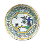 Large bowl with desin of jar showing landscape with a figure on the bridge, enamelled ware