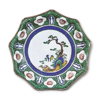 Nonagonal dish wtih design of two birds resting on the bamboo by pine-tree, enamelled ware