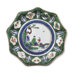 Nonagonal dish with design of two figures by the stream, enamelled ware