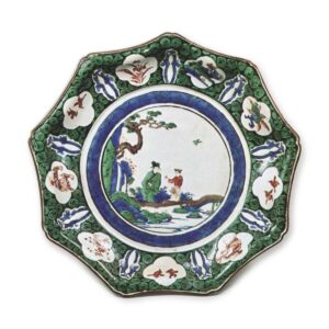 Nonagonal dish with design of two figures by the stream, enamelled ware