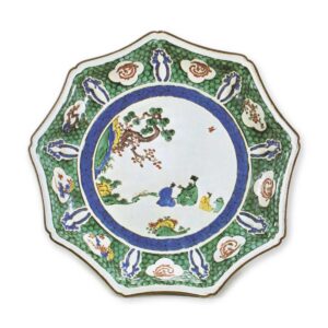 Nonagonal dish with design of figures resting on the rocks, enamelled ware