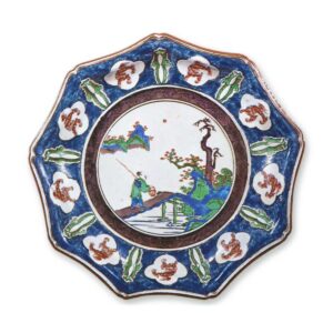 Nonagonal dish with design of landscape with angler, enamelled ware