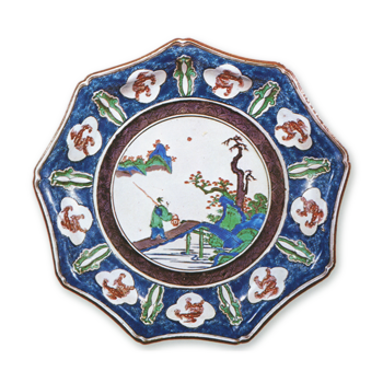 Nonagonal dish with design of landscape with angler, enamelled ware