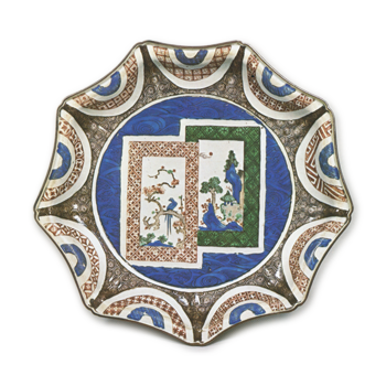 Nonagonal dish with design of two shikishi (rectangular sheet of paper for poetic writing or painting) showing landscape with flower-and-bird, enamelled ware
