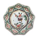 Nonagonal dish with peony and bird design, enamelled ware