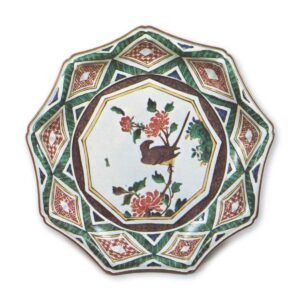 Nonagonal dish with peony and bird design, enamelled ware