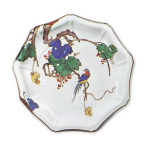 Nonagonal dish with grapevine and bird design, enamelled ware