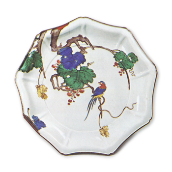 Nonagonal dish with grapevine and bird design, enamelled ware