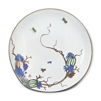 Large dish with melon and butterfly design, enamelled ware