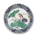 Large dish in the shape of open flower with lotus and kingfisher design, enamelled ware