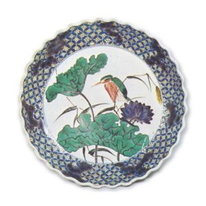 Large dish in the shape of open flower with lotus and kingfisher design, enamelled ware