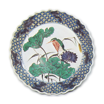 Large dish in the shape of open flower with lotus and kingfisher design, enamelled ware