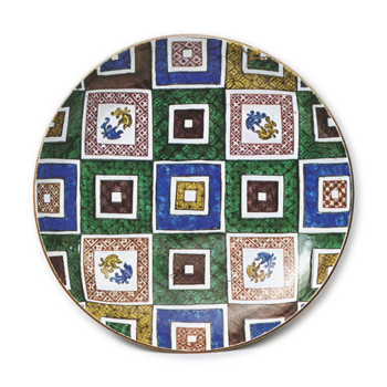 Large dish with design of phoenixes in chequer patterns, enamelled ware